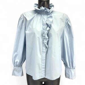 GALERIES LAFAYETTE‎ 3/4 Balloon Sleeves Ice Blue Button Down Ruffled Shirt sz 40